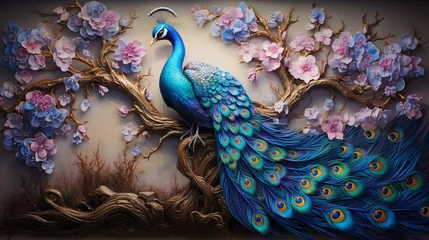 Tuinposter A vividly colorful 3D mural portraying a magnificent blue peacock perched on an ancient tree branch surrounded by mystical glowing flowers. © Ghulam