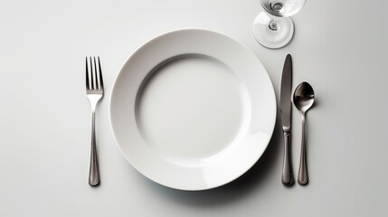 Empty plate with cutlery, knife and fork on white background