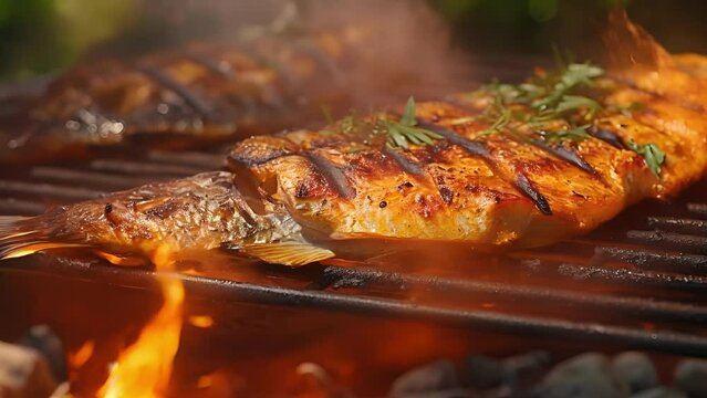 A closer look at the grilled fish reveals a flaky and moist texture, with a goldenbrown crust from the grill. The scent of fresh herbs and lemon wafts towards you, making your mouth water