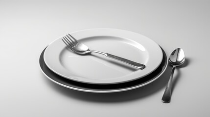 Empty plate with cutlery, knife and fork on white background