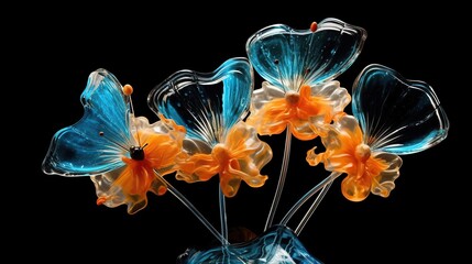 Blue and orange butterflies in a glass vase on a black background