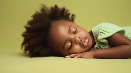 Cute afrikan's little girl lying on floor sleeping with closed eyes in light green color background generative ai