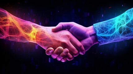 Abstract representations of neon-lit handshake symbols amid a digitally enhanced environment.