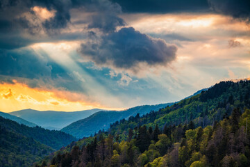 Sun rays breaking through at sunset after a storm in the Smoky Mountains