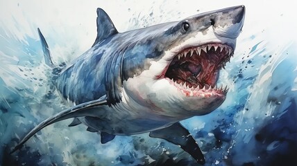 Watercolor illustration of a shark with its mouth open