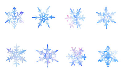 透明水彩で描いた雪の結晶のイラストセット