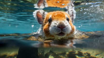 Close-up of a hamster swimming in the water