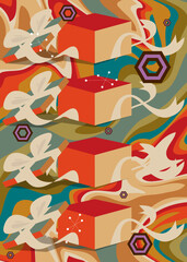 Retro 70s Background with gift box. Groovy Holiday. 1970s art template. Minimalistic Vintage design poster. Old-fashioned color artwork.