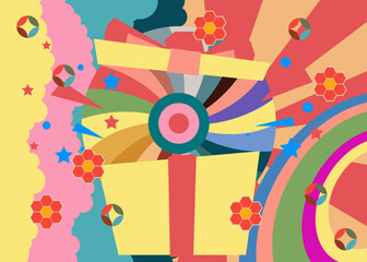 Retro 70s Background with gift box. Groovy Holiday. 1970s art template. Minimalistic Vintage design poster. Old-fashioned color artwork.