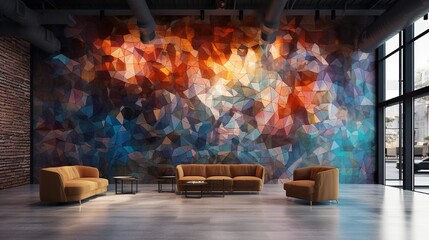 An abstract mosaic wall design featuring intricate shapes and textures, resembling a digital art installation with a fusion of metallic hues and neon accents. - Powered by Adobe