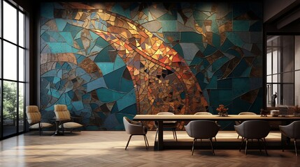 An abstract mosaic wall design featuring intricate shapes and textures, resembling a digital art installation with a fusion of metallic hues and neon accents. - obrazy, fototapety, plakaty