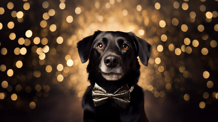 Black labrador dog wearing a gold bowtie for New Years Eve black tie event, bokeh