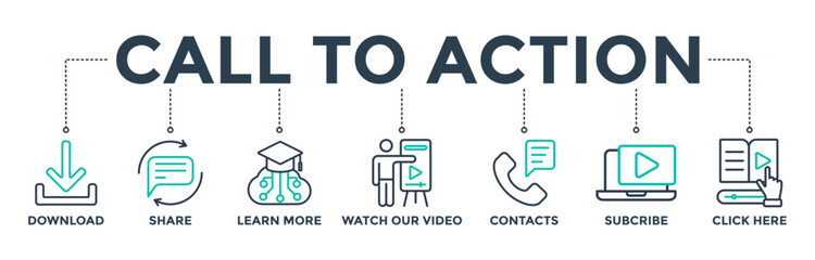 Call to action banner web icon concept with icons of download, share, learn more, watch our video, contact us, subscribe, and click here. 
Vector illustration 