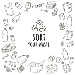 Sorting and recycling garbage. Square frame composition for text on white background. Waste separation outline vector. 