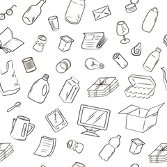 Naklejka premium Unsorted garbage. Mixed waste. Outline illustration on white background. Seamless vector background.
