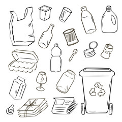 Vector set recycle item. Sorting and recycling of household waste. Trash can, plastic, glass, metal, paper. Outline of the illustration on a white background.