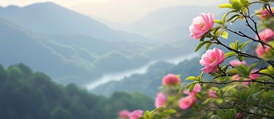 In the breathtaking Chinese mountain range, a mesmerizing pink flower blooms amidst the lush...