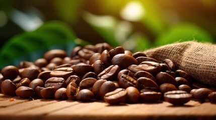 Fototapeta premium Empty Coffee Bean Sack on Wooden Tabletop - Rustic Elegance