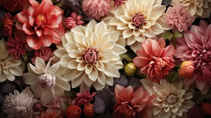An artistic 3D wallpaper depicting an arrangement of dahlias and peonies, their petals seemingly soft to the touch. - Powered by Adobe