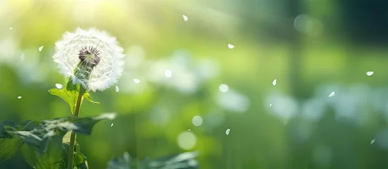  In the abstract beauty of nature, a delicate white dandelion stands tall among the green spring landscape, its fluffy seed floating gracefully in the summer breeze, captivating with its wildflower © AkuAku