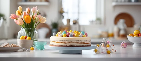 Fotobehang In the bright and airy kitchen, a beautiful white cake adorned with vibrant yellow eggs and colorful candies reflected the beauty of the Easter holiday, while the aroma of freshly baked bread and © AkuAku