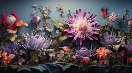 An enchanting 3D wall adorned with a tapestry of passionflowers, their intricate patterns drawing the eye.