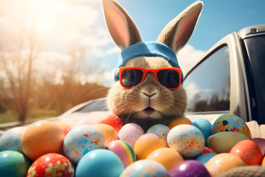 Easter Bunny in a Colorful Car 