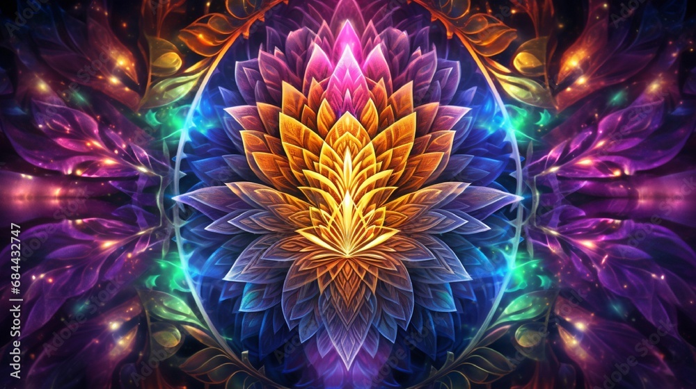 Wall mural an explosion of radiant colors and intricate patterns converging into a mesmerizing, kaleidoscopic d