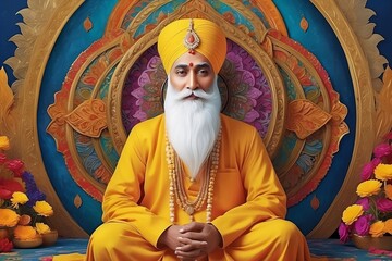 "Invoke a sense of reverence and grace with this AI-generated portrayal of Shri Gurunanak ji, a perfect addition to religious-themed stock imagery."