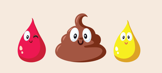 Fototapeta premium Blood Urine Stool Test Medical Investigations Concept Illustration. Funny droplet characters used as symbols for medical analyses 
