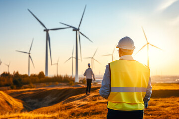 Two engineers in hard hats and reflective vests observing wind turbines at sunset, representing renewable energy and teamwork