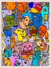 Group of abstract face portrait hand drawn line, doodle vecto