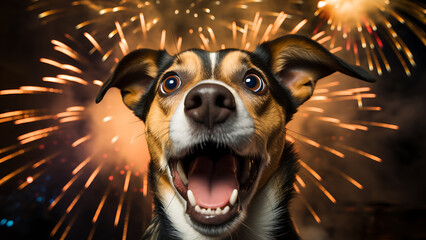 Fototapety  Cheerful dog celebrating new year, with fireworks background.