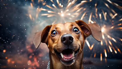 Cheerful dog celebrating new year, with fireworks background. - obrazy, fototapety, plakaty