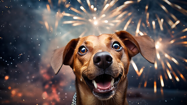 Cheerful dog celebrating new year, with fireworks background.