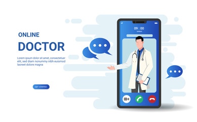 Online telemedicine via mobile with male doctor. Doctor online, call medical consultation, Ask a doctor, Diagnostics, Digital health, video calling and taking care of a patient. 3d vector illustration - obrazy, fototapety, plakaty
