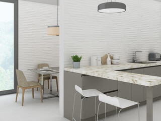 Modern style kitchen with white marble countertop with white chairs, hob, oven, kitchen utensils, wooden furniture table with chairs, hanging lamps, white concrete walls, white marble floor. 3D Render