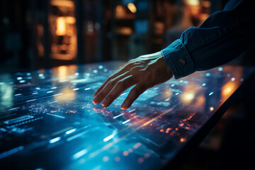 Close-Up of Hand Interacting with Futuristic Touchscreen Interface
