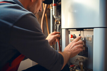 Repairman fixing broken electric boiler or furnace, focus on his hand - obrazy, fototapety, plakaty