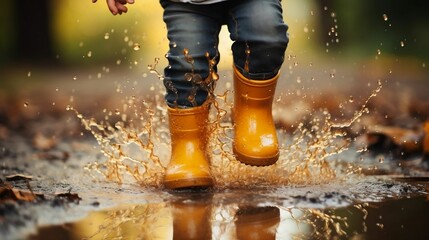 Child's feet in yellow boots jumping puddles in rain