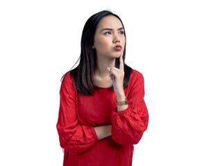 A portrait of an Asian woman wearing a red shirt, posing anxiously with her index finger touching her cheek. Isolated against a white background.