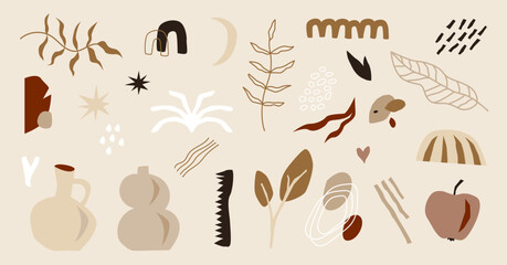 Abstract shapes and hand drawn nature art objects in boho beige style vector illustration. Isolated items with different and simple line designs. Minimal ornaments painting in floral theme.