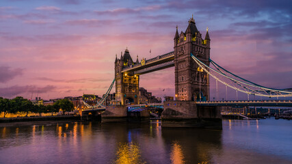 sunrise London Tower Bridge, Sunrise with reflection in the water Thames river London Tower Bridge - obrazy, fototapety, plakaty