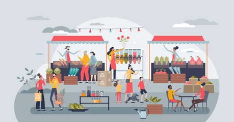 Community care marketplace as local market for all society tiny person concept. Local food store with volunteers and farmers vector illustration. Elderly people assistance and humanitarian solidarity