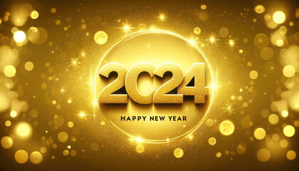 Happy New Year 2024. Gold background with golden balls and stars.
