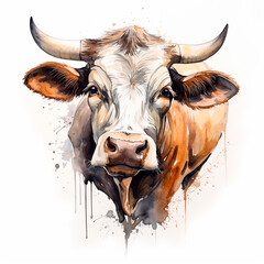 cow with horns, watercolor illustration