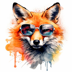 red fox with sunglasses, watercolor illustration