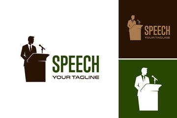 Public Speaking Logo Design. A close up of a person standing at a podium with a microphone. Suitable for presentations, public speaking, conferences, speeches, debates, and political rallies. - obrazy, fototapety, plakaty