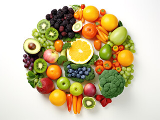 Naklejka na ściany i meble Healthy fruits and vegetables arranged in a circular pattern on a white background