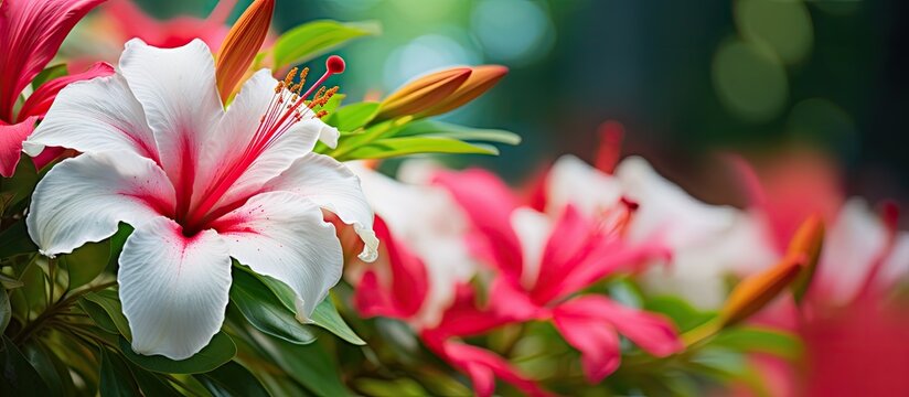 In the heart of a lush garden, amidst the vibrant green, a stunning tropical flower gracefully basks in the warm embrace of the sun, its white petals glowing with natural beauty and splashes of pink